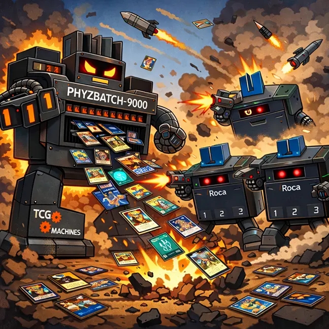 Humanoid PhyzBatch-9000 robot shoots cards at three smaller Roca Sifter robots