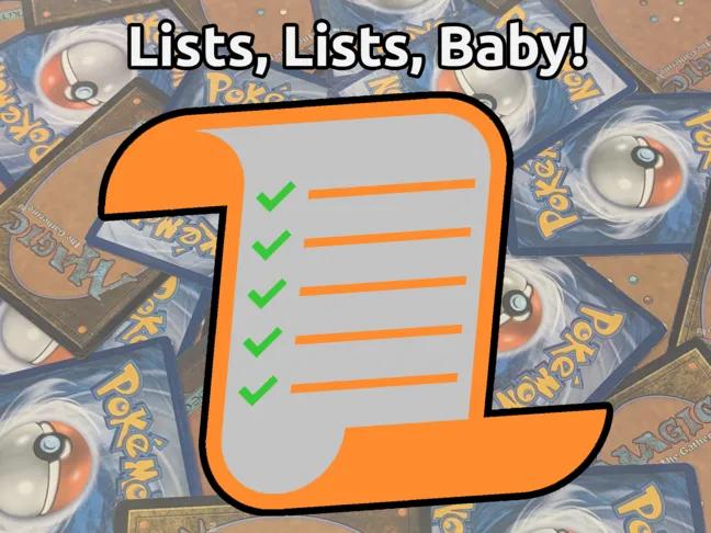 List on a scroll with scattered TCG cards in the background