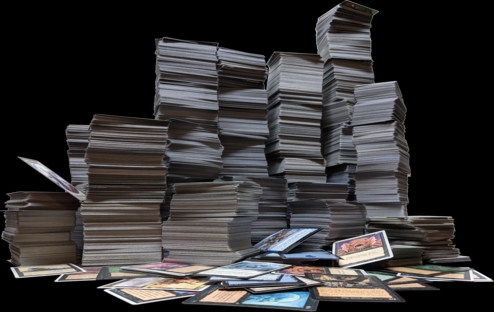 Several messy stacks of Magic cards